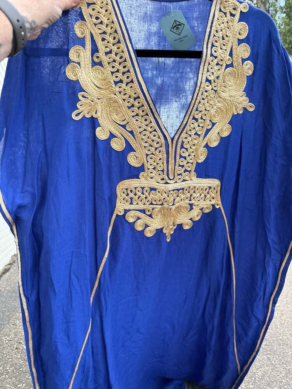 Vintage Moroccan Kaftan Dress Blue Gold Embroidered